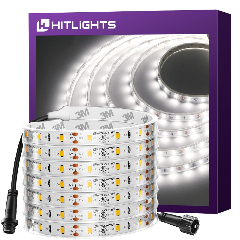 HitLights Outdoor LED Strip Lights Waterproof White, 16.4ft Dimmable Tape Light 5000K, IP67, 300 LEDs, 150Lm/ft, 12V Flexible Rope Lights for Home, Balcony, Roof, Patio (Power Source Not Included) - Image 1